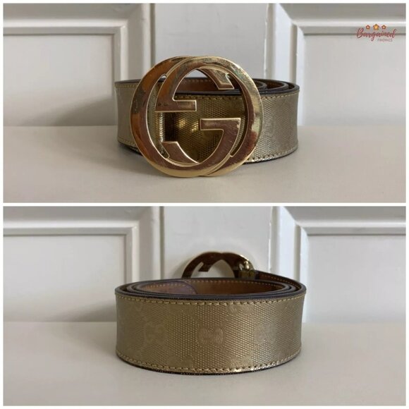 Authentic Gucci Gold Imprime Monogram Leather Interlocking G Buckle Belt 85/34 main image 12